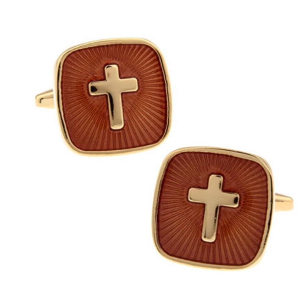 Beautiful gold tone, vintage style cross cufflinks with root beer brown enamel